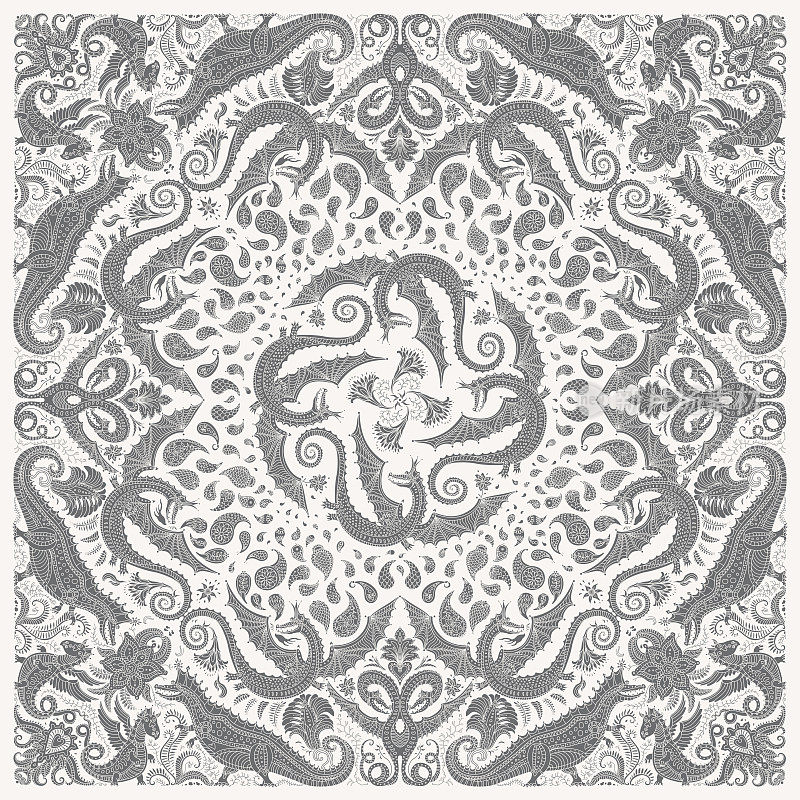 Vector gray dragon bandana print on a beige background. Paisley pattern, hand drawn flowers, leaves and fantasy beast animals, ornate cute dinosaur. Scarf, shawl, kerchief, carpet, tee shirt print